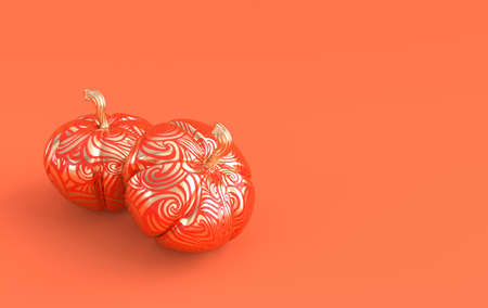 3d render pumpkin on orange background space. Minimal concept. Holiday decoration, red and golden pumpkin for celebration halloween event templateの写真素材
