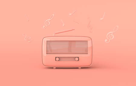 Vintage style radio receiver on podium. Pastel colors. Retro radio realistic 3d render. Music lover minimalistic backgroundの写真素材
