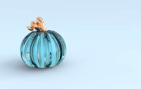 3d render glass pumpkin on pastel colored background space. Minimal concept. Holiday decoration, blue and golden pumpkin for celebration halloween event templateの写真素材