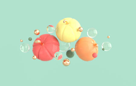 3d render floating pumpkin on green background space. Minimal concept. Holiday decoration, pastel colored pumpkin for celebration halloween event templateの写真素材