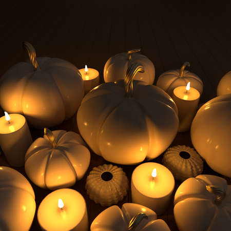 3d render pumpkin and candles pastel colored background. Minimal concept. Holiday decoration pumpkin for celebration halloween event templateの写真素材