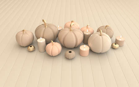 3d render pumpkin and candles pastel colored background. Minimal concept. Holiday decoration pumpkin for celebration halloween event templateの写真素材
