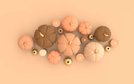 3d render pumpkin and candles pastel colored background. Minimal concept. Holiday decoration pumpkin for celebration halloween event templateの写真素材