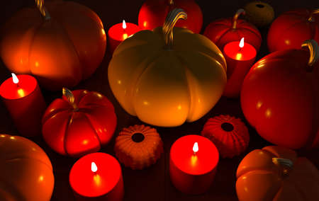 3d render pumpkin and candles background. Minimal concept. Holiday decoration pumpkin for celebration halloween event templateの写真素材