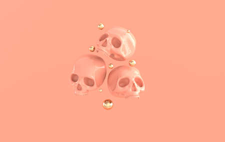 Human scull 3d rendering. Pink death's-head on pastel colored background. Scary halloween dead skeleton head symbolの写真素材