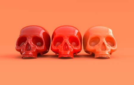 Human scull 3d rendering. Red death's-head on orange background. Scary halloween dead skeleton head symbolの写真素材