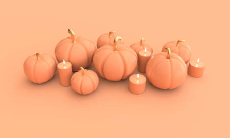 3d render pumpkin and candles pastel colored background. Minimal concept. Holiday decoration pumpkin for celebration halloween event templateの写真素材