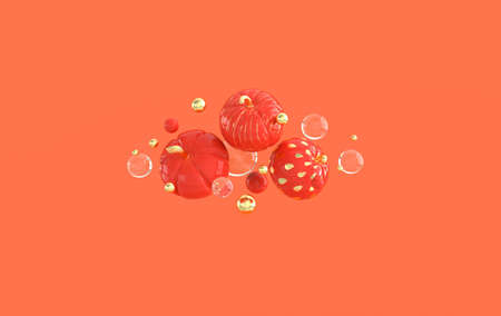 3d render floating pumpkin on orange colored background space. Minimal concept. Holiday decoration,...