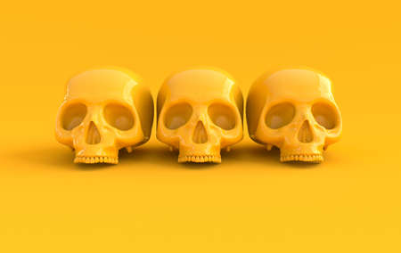 Human scull 3d rendering. Yellow death's-head on yellow background. Scary halloween dead skeleton head symbolの写真素材