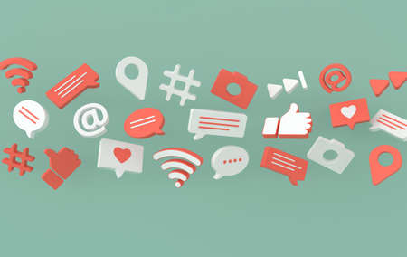 Like, chat, comment bubble, camera, hashtag, Wi Fi wireless network symbol, at, play icons. Social media, apps symbols 3d renderingの写真素材