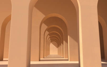 3d rendering. Arch hallway simple geometric background, architectural corridor, portal, arch columns inside empty wall. Modern minimal conceptの写真素材