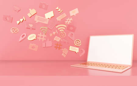 Like, chat, comment bubble, camera, hashtag, Wi Fi wireless network symbol, at, play icons and laptop. Social media, apps symbols 3d renderingの写真素材