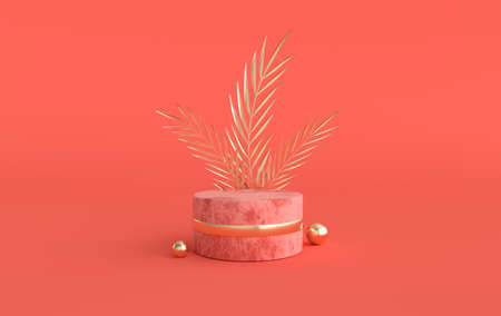 3d rendered studio with geometric shapes, podium on the floor. Platforms for product presentation, mock up background. Abstract composition in minimal design, tropic palm leavesの写真素材