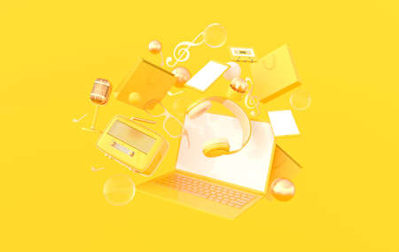 Laptop, smartphone, shopping bag, glasses, microphone, radio, headphones 3d rendering. Remote work, stay at home, leisure and hobby on isolation symbolsの写真素材