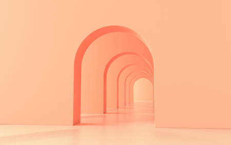 3d rendering. Arch hallway simple geometric background, architectural corridor, portal, arch columns inside empty wall. Modern minimal conceptの写真素材
