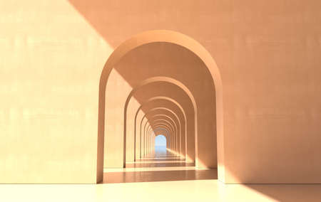 3d rendering. Arch hallway simple geometric background, architectural corridor, portal, arch columns inside empty wall. Modern minimal conceptの写真素材