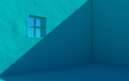 Empty concrete grunge wall. 3d rendering of city house with clear sky background. Detail of house exterior wall with small window. 3d rendering. Blue colorの写真素材