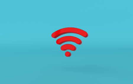WiFi icon 3d rendering. Red WiFi symbol on blue background. 3d rss symbol for website, social media, presentationの写真素材