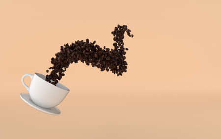 Cup of coffee and realistic coffee beans floating, 3d rendering background. Masses of coffee beans close up.の写真素材