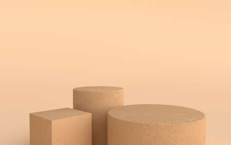 3d rendered studio with geometric shapes, podium on the floor. Platforms for product presentation, mock up background. Abstract composition in minimal design, pastel and gold colorsの写真素材