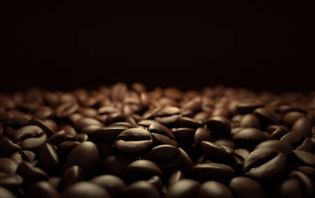 Dark freshly roasted coffee beans 3d rendering background. Top view. Masses of coffee beans close up.の写真素材