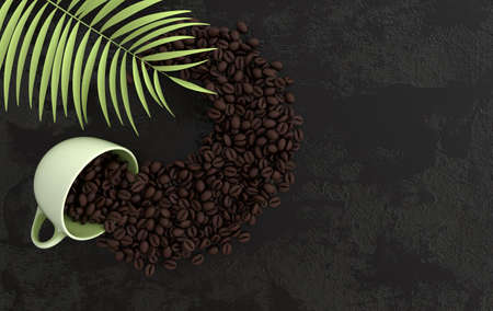 Cup of coffee and realistic coffee beans flat lay, tropic palm leaves 3d rendering background....