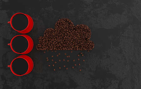 Cup of coffee and realistic coffee beans cloud and rain, 3d rendering background. Masses of coffee beans close up.の写真素材