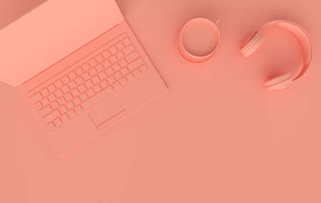 Laptop, phone, headphones, cup of coffee 3d rendering. Remote work, freelance, work space, lockdown,...