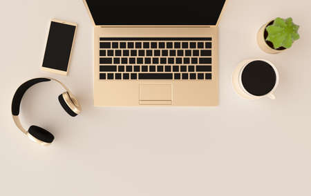 Laptop, phone, headphones, cup of coffee 3d rendering. Remote work, freelance, work space, lockdown, stay at home concept. Top viewの写真素材