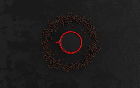 Cup of coffee and realistic coffee beans flat lay, 3d rendering background. Masses of coffee beans close up. Flat layの写真素材