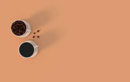 Cup of coffee and realistic coffee beans, 3d rendering background. Masses of coffee beans close up.の写真素材