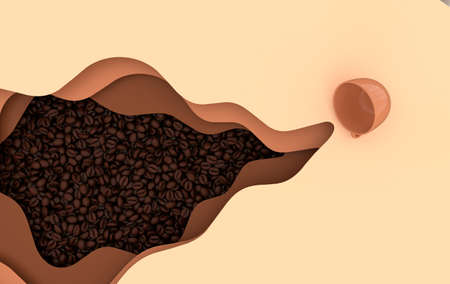 Dark freshly roasted coffee beans 3d rendering background. Masses of realistic coffee beans close up. Paper waves, origami art, cupの写真素材