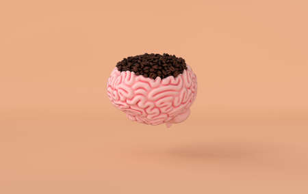 Realistic coffee beans in human brain 3d render. Caffeine influence on the brain, activity concept