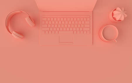 Laptop, phone, headphones, cup of coffee 3d rendering. Remote work, freelance, work space, lockdown,...