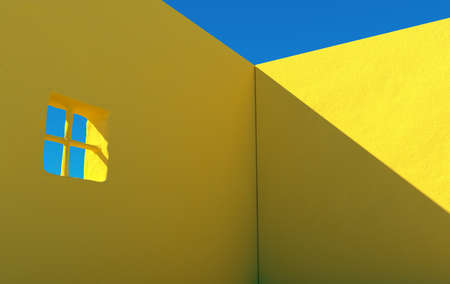 Empty concrete grunge wall. 3d rendering of city house with clear sky background. Detail of house...