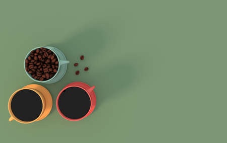 Cup of coffee and realistic coffee beans, 3d rendering background. Masses of coffee beans close up....