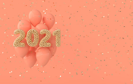 New year 2021 celebration background. Golden numerals 2021, floating glossy balloons, confetti. Realistic illustration for New Year's and Christmas banners. 3d renderの写真素材