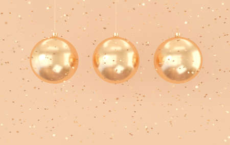 Merry Christmas and Happy New Year 3d render illustration card with golden xmas balls, confetti....