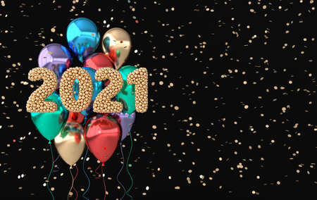 New year 2021 celebration background. Golden numerals 2021, floating glossy balloons, confetti. Realistic illustration for New Year's and Christmas banners. 3d renderの写真素材