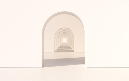 3d rendering. Arch hallway simple geometric background, architectural corridor, portal, arch columns inside empty wall. Modern minimal conceptの写真素材