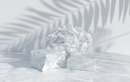 3d rendered studio with geometric shapes, podium on the floor. Platforms, showcase, rock pedestal for product presentation, mock up background. Minimal design. Branding banner for cosmetics productの写真素材