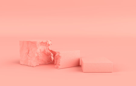 3d rendered studio with geometric shapes, podium on the floor. Platforms, showcase, rock pedestal for product presentation, mock up background. Minimal design. Branding banner for cosmetics productの写真素材