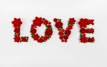 3d render text LOVE made of paper flowers and leaves on white background. Modern paper art design for cards or banner for 14 february Valentines Day, wedding.の写真素材