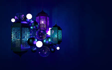 Muslim lantern with candle, lamp with neon light, arabic decoration, arabesque design. Concept for islamic celebration day ramadan kareem or eid al fitr adha. 3d rendering illustrationの写真素材