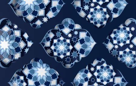 Greeting card with intricate Arabic paper graphic of Islamic geometric art. Ramadan Kareem is the...