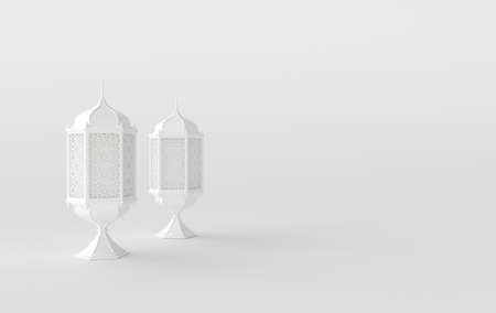 White lantern with candle, lamp with arabic decoration, arabesque design. Concept for islamic celebration day ramadan kareem or eid al fitr adha. 3d rendering illustrationの写真素材