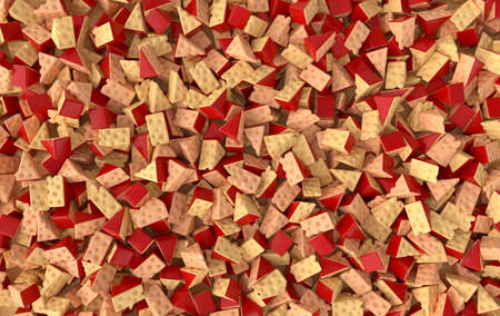 Lots of maasdam cheese pieces on yellow background 3d rendering. A pile of toy cheese slices