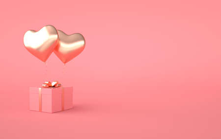 3d render illustration of gold glossy heart balloon, gift box with golden bow on pink background....