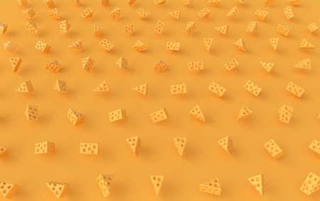 Lots of maasdam cheese pieces on yellow background 3d rendering. A pile of toy cheese slices