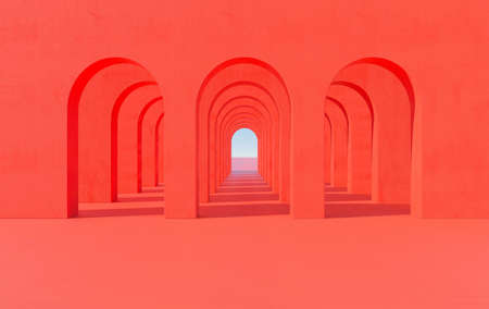 3d rendering. Arch hallway simple geometric background, architectural corridor, portal, arch columns inside empty wall. Modern minimal conceptの写真素材
